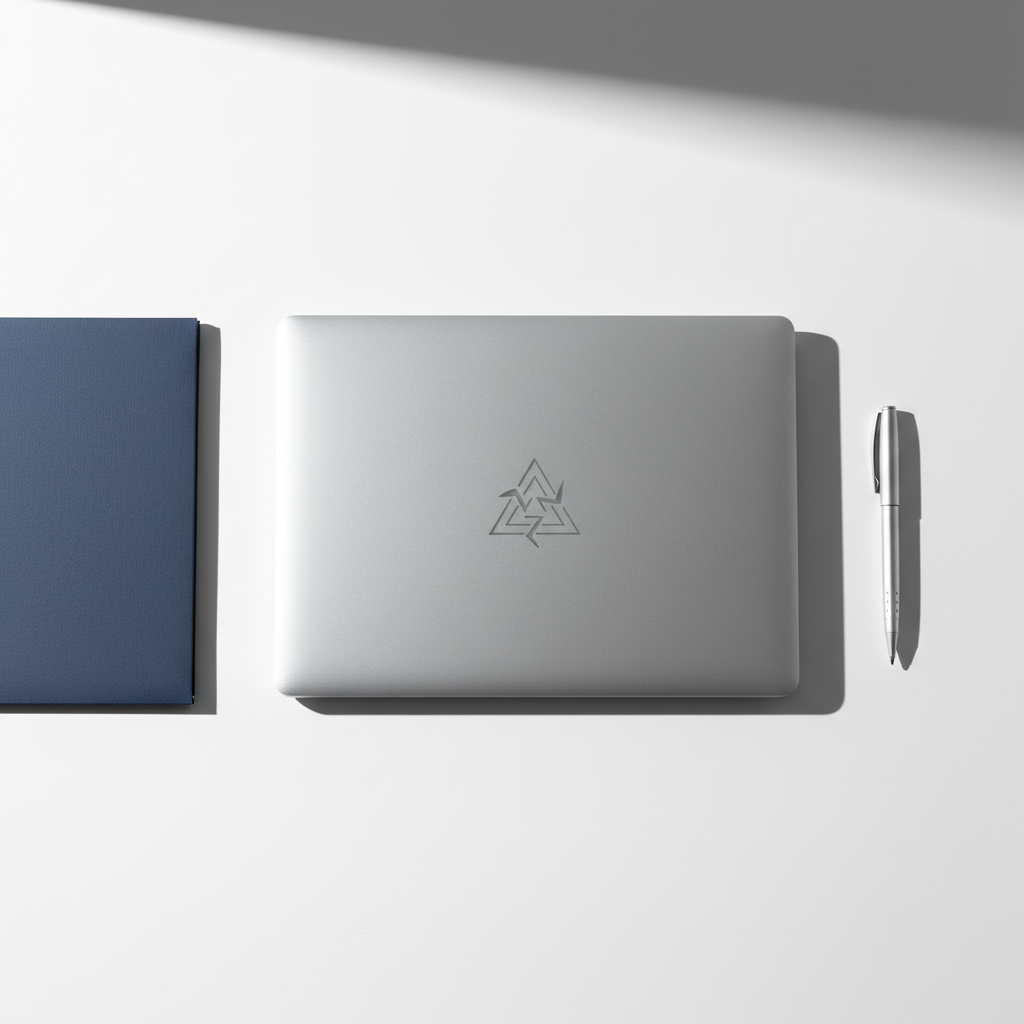 A single polished stainless steel laptop with a minimalist, etched emblem sits closed on an unadorned smooth white acrylic workspace, flanked only by a crisp navy-blue folder and a slim silver pen. The background fades to pure white, removing all distractions. Intense, directional lighting from the upper left creates crisp, almost architectural shadows behind the objects, emphasizing their clean lines. Captured from a sharp top-down angle with absolute symmetry and a shallow depth of field, the composition radiates clarity and intent. The mood is focused and powerful, matching the bold personality and spotlighting technological proficiency and organization within a professional portfolio context.