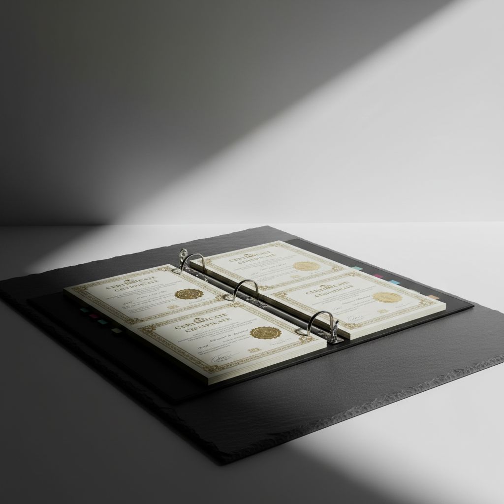 An elegant, high-gloss black portfolio binder opened to reveal matte, neatly arranged certificate pages with gold embossed accents and delicate colored tabs. The binder rests on a flawless, reflective slate surface with a minimalist off-white background that melts softly into shadow. A single, strong beam of cool white light from the upper right carves distinct, crisp shadows beneath the binder, creating a dramatic atmosphere. Captured from a three-quarter angle at eye level, the image uses sharp focus and balanced rule-of-thirds composition. The mood is distinctly bold and aspirational, with photographic realism highlighting credentials and professional achievement.