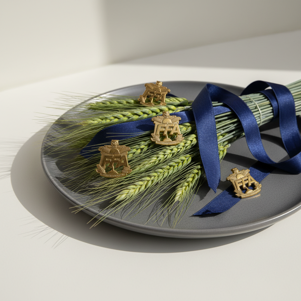 A vibrant bundle of fresh green wheat, deep blue ribbons, and antique brass FFA pins displayed on a pristine, matte charcoal ceramic plate with a fine-grained texture. The plate is centered on a seamless matte white surface, with the background gently falling into a soft, unfocused off-white. Harsh, raking directional light from the left throws sculptural shadows across the wheat stalks and the engraved pins, delivering crisp definition and a feeling of movement. The shot is composed with a shallow depth of field and a slight downward angle, imparting a dynamic, modern feel that reverberates with agricultural tradition and energetic leadership—ideal for highlighting FFA and hands-on work in an educational portfolio.
