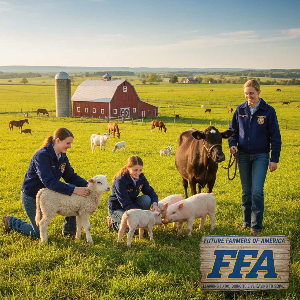 Farm animals in a rural landscape with FFA (Future Farmers of America) students interacting or working together, bright and inviting, suitable as a main hero or gallery image for an agricultural teaching portfolio.